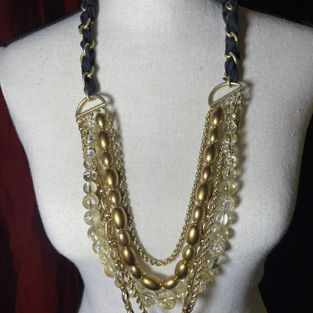 Gold Chain With Black Ribbon & Beads Necklace